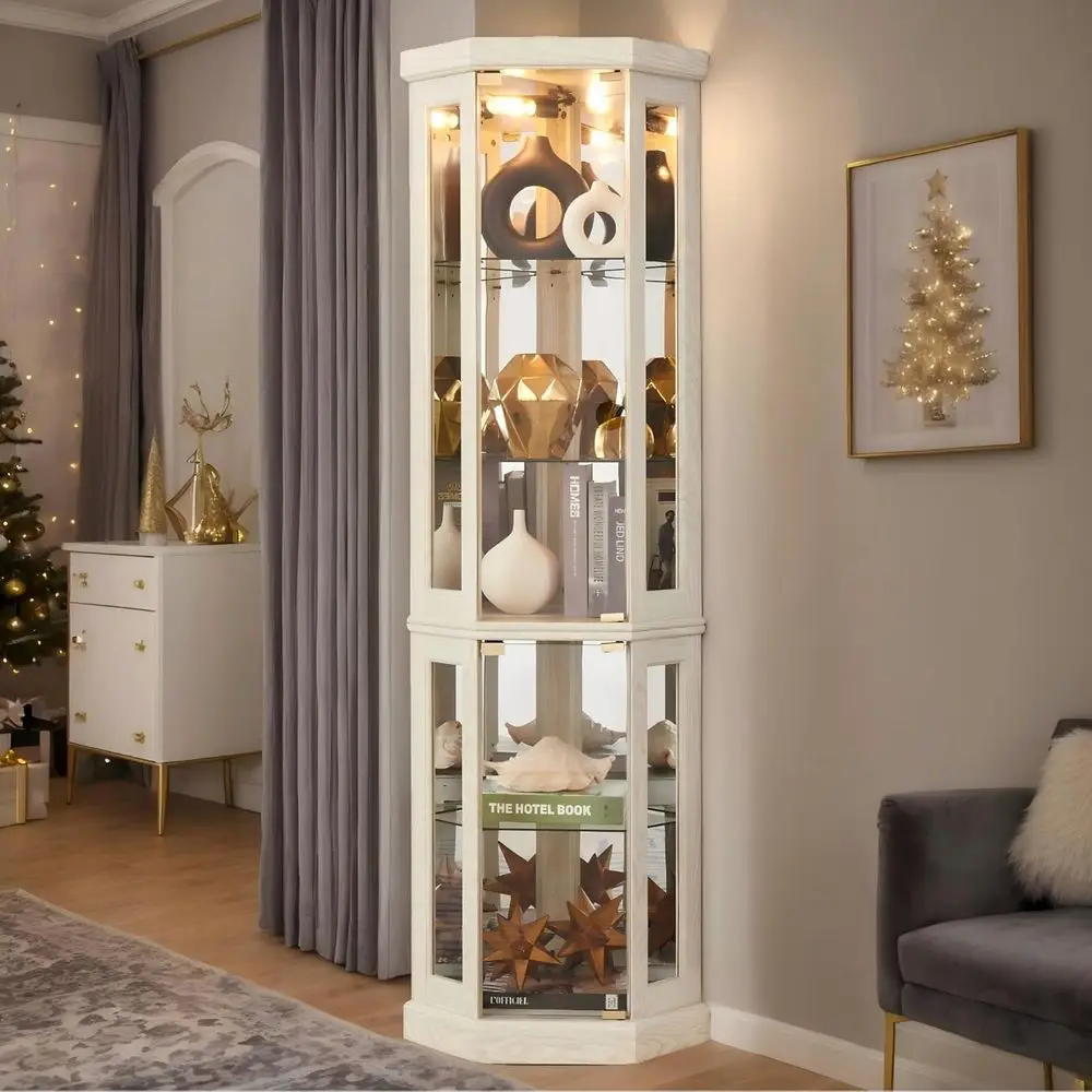 

White 70 Curved Glass Display Cabinet with Lighting, Adjustable Shelves, and Tempered Glass for China, Wine, and Liquor Storage
