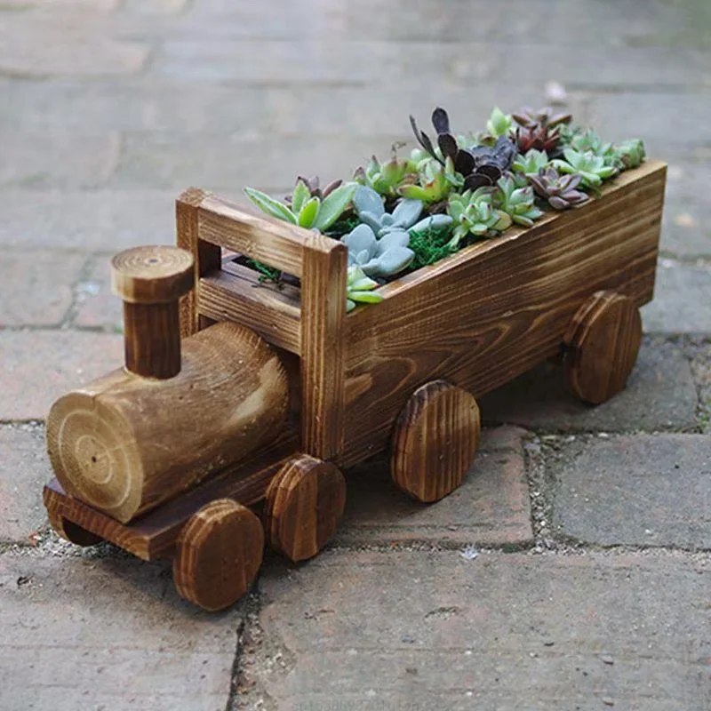 1PC Retro Wooden Train Flower Pot Succulent Plant Potted Bonsai Planter Home Garden Decor