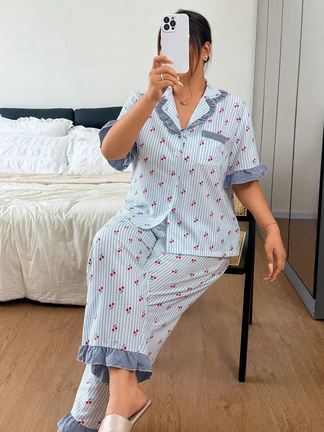 CottageSlumber Striped Cherry Print Plus Size Women's Contrast Color Ruffle Trim Short Sleeve Pajama Set With Open Front Collar