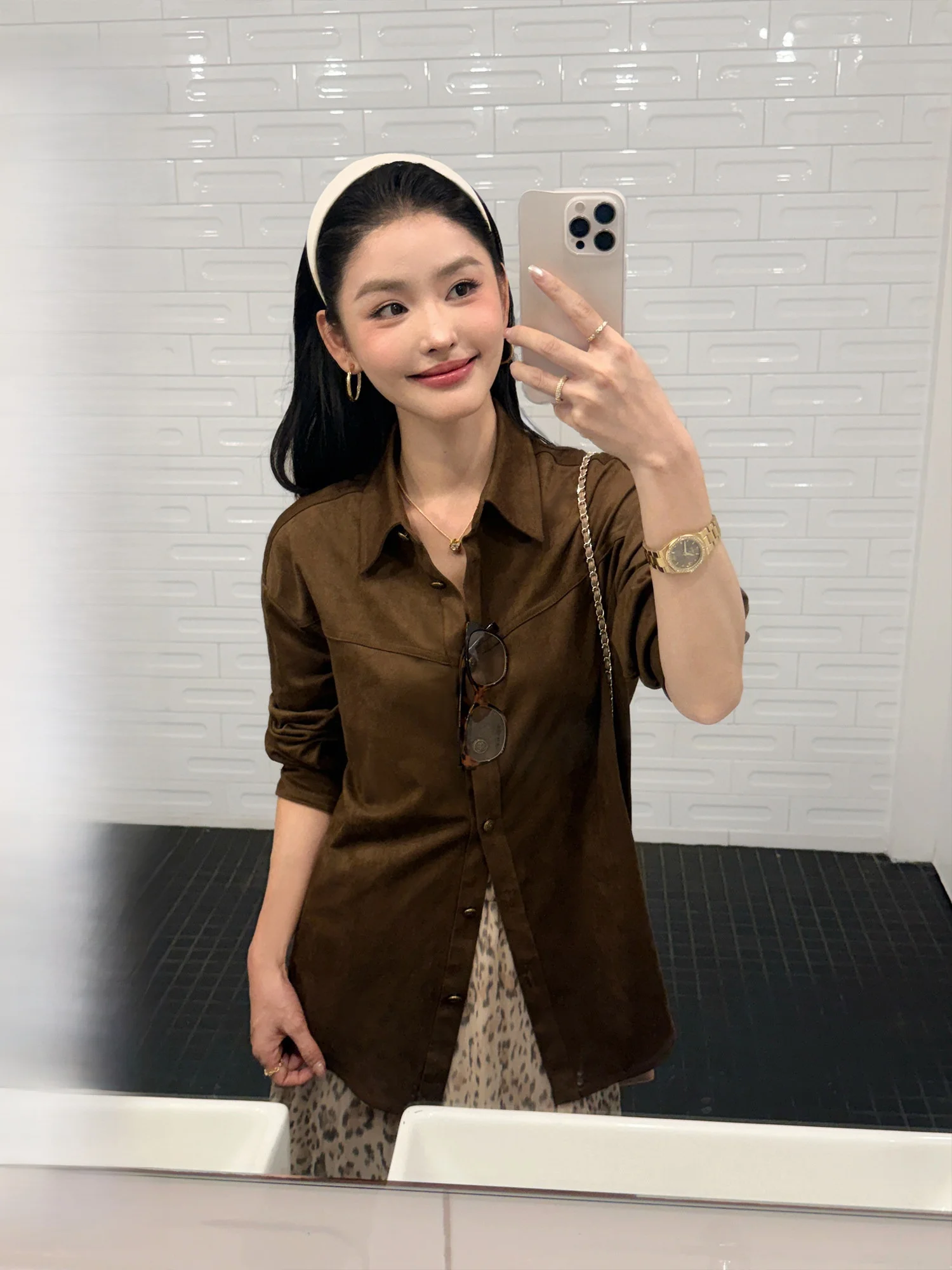Pusumede Comfortable Vintage Suede Shirt Women Loose Flocking Soft Mist Commute Top Polyester Fiber Long Sleeve Flip Collar