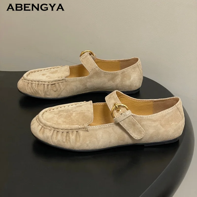 

Designer Khaki Suede Flat Loafers Shoes Women Round Toe Mules Dress Shoes Autumn Casual Party Vacation Walking Shoes For Women