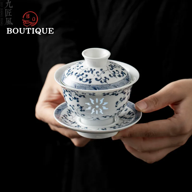 Bleu et blanc Yixing Gaiwan Antique en céramique Lotus bol à thé outil tasse Kung Fu chinois Gai Wan couvercle bol théière Puer maison