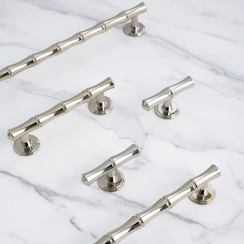 Bright Chrome Solid Brass Handle Nordic Style Bamboo Element Decorative Knobs for Bedroom Wardrobes Kitchen Cabinet Door Handles