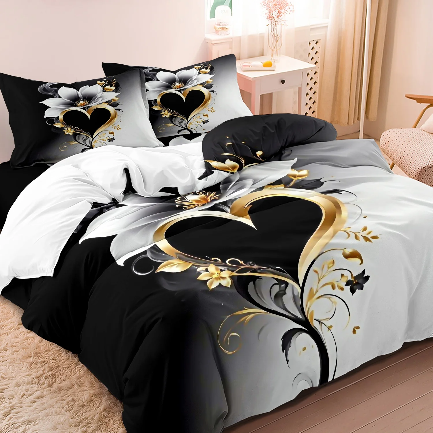 Aesthetic Floral Duvet Cover - Siyah Altın Kalp Beyaz Manolya Çiçekli
