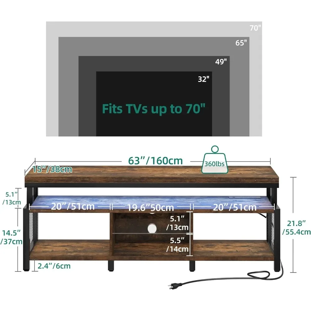 LED Television Stands w/Power Outlets for 70/65 inch,Industrial TV Stand, Entertainment Center Storage Retro Brown TV Cabinet