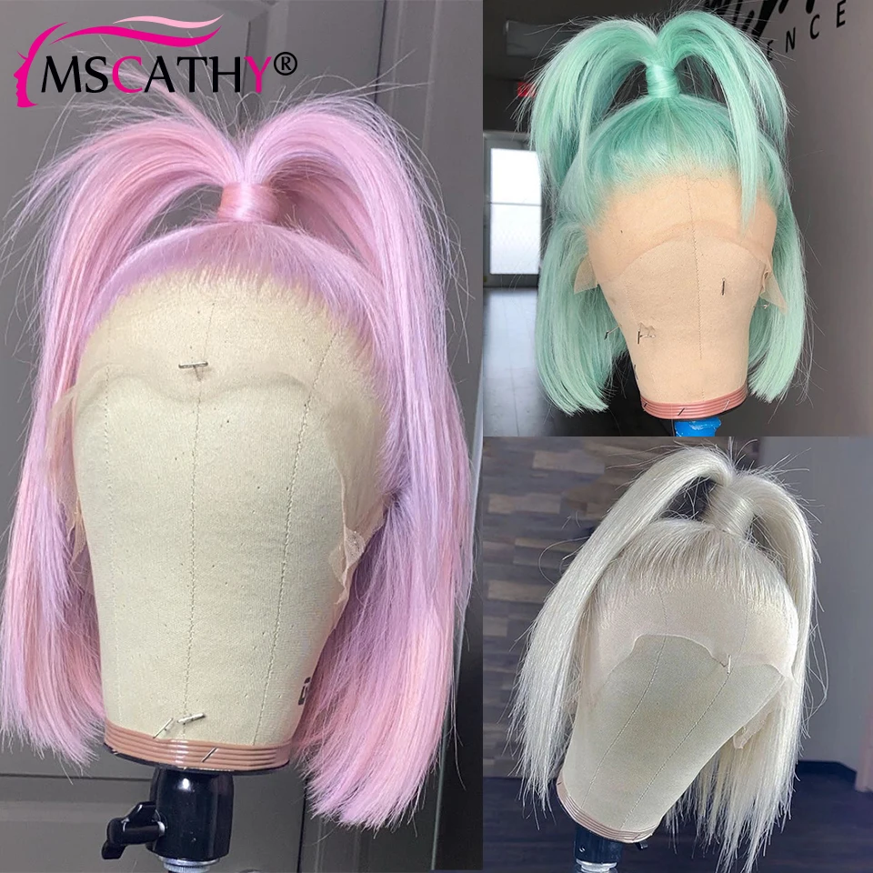 Light Pink Colored Lace Front Wigs For Women Mint Green Brazilian Virgin Hair Bob Wig Platinum HD Transparent Lace Fontal Wig