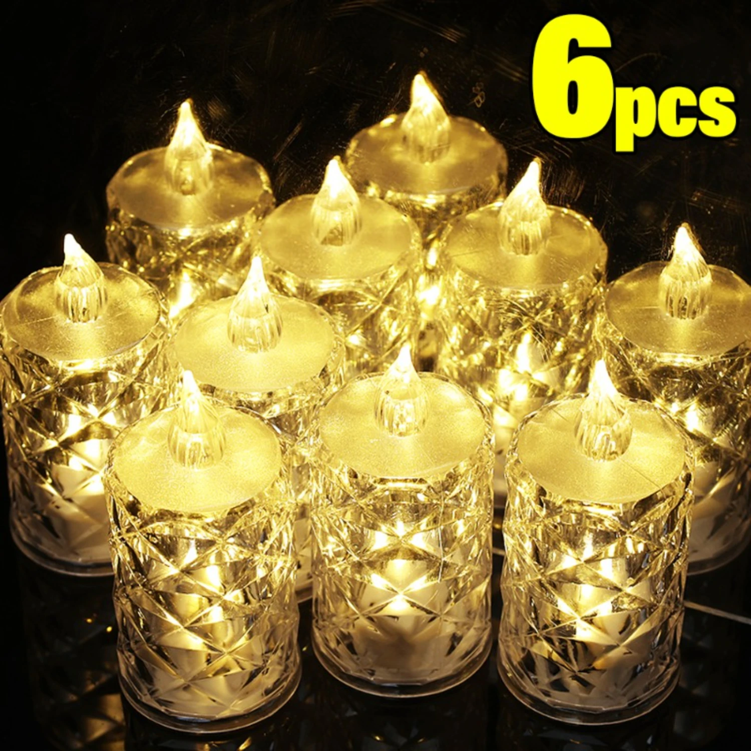 New Set of 6 Beautiful Flameless LED Electronic Candle Lights - Stunning Transparent Acrylic Tea Light Party Decor - Battery Pow