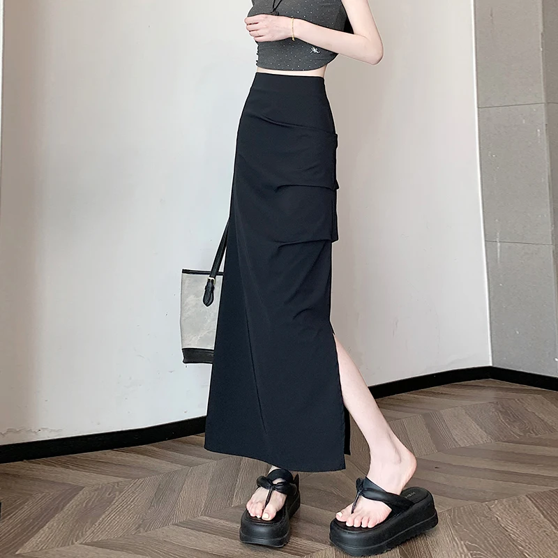 

New Design White Asymmetrical f-length Skirt Women's Spring Summer Slimming Pleated Wrap-around Long Skirt High Waist A-line