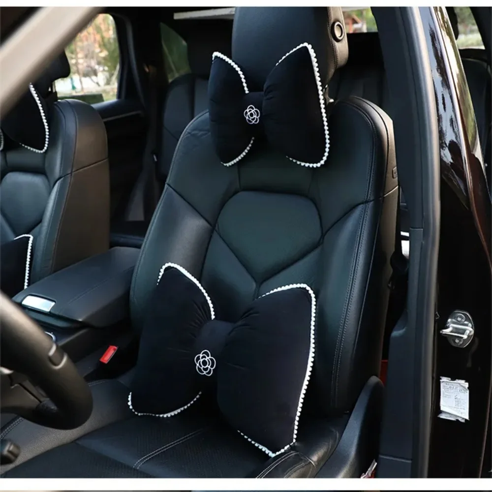 Camellia Bowknot Car Headrest Ice Silk Breathable Anti-fatigue Neck Pillow Four Seasons Universal Lumbar Support Car Seat Pillow