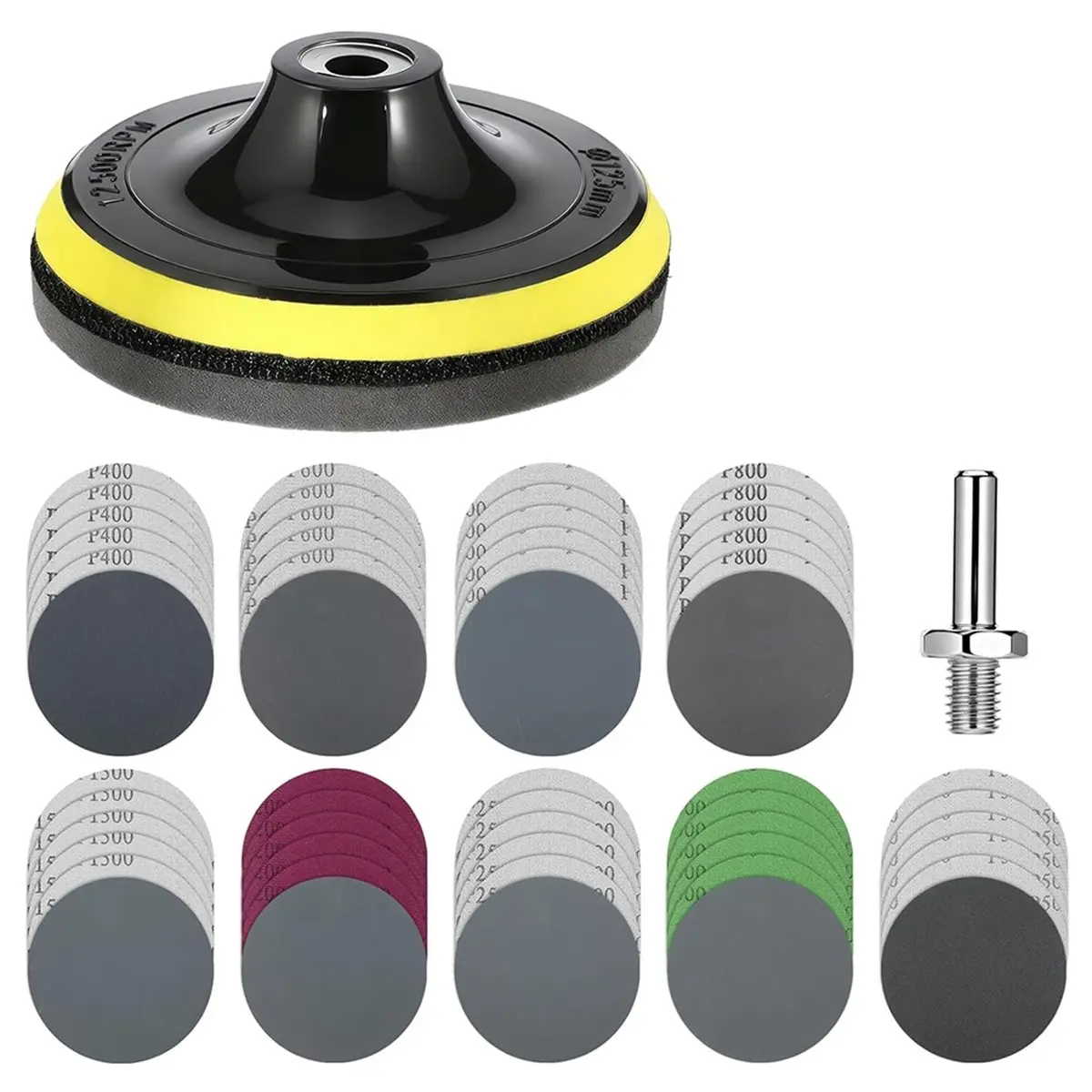 A955P ~54 PCS 5 Inch Sanding Discs Kit, Wet Dry Sandpaper with Foam Backing Pad, 400 to 5000 Grits for Wood Metal Polishing