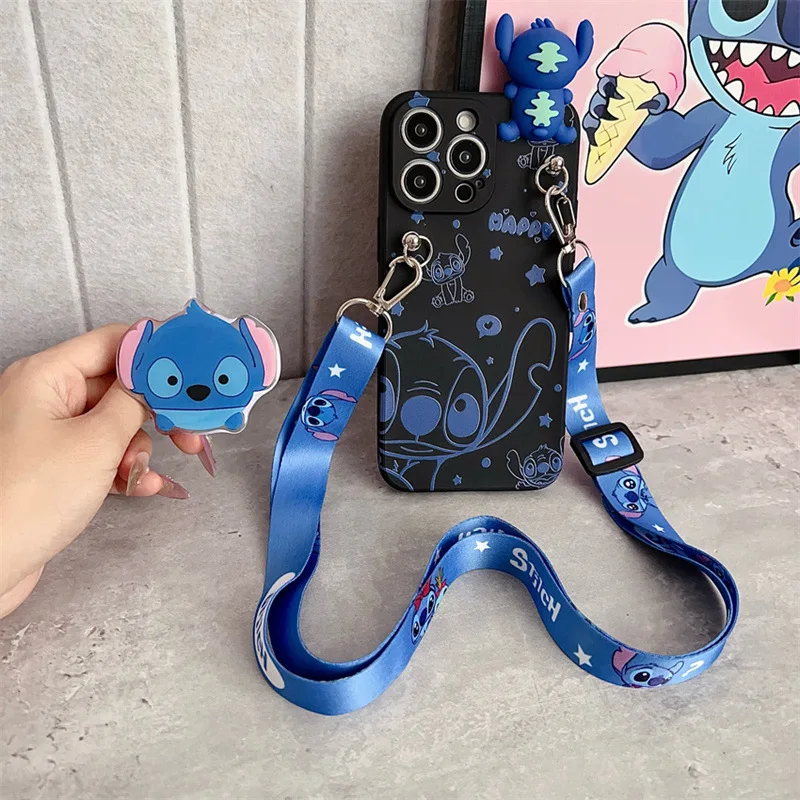 ثلاثية الأبعاد الكرتون غرزة الملاك مع حامل الحبل زوجين جراب هاتف آيفون الهواء 12 13 mini 11 14 15 16e 17 برو ماكس غطاء مقاوم للصدمات #3