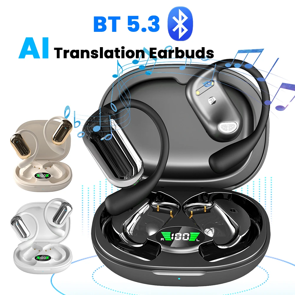 Bluetooth-Compatible 5.3 Wireless Earbuds with Ear Hook Real-Time Translation Earphone Noise Cancelling for Travel and Business