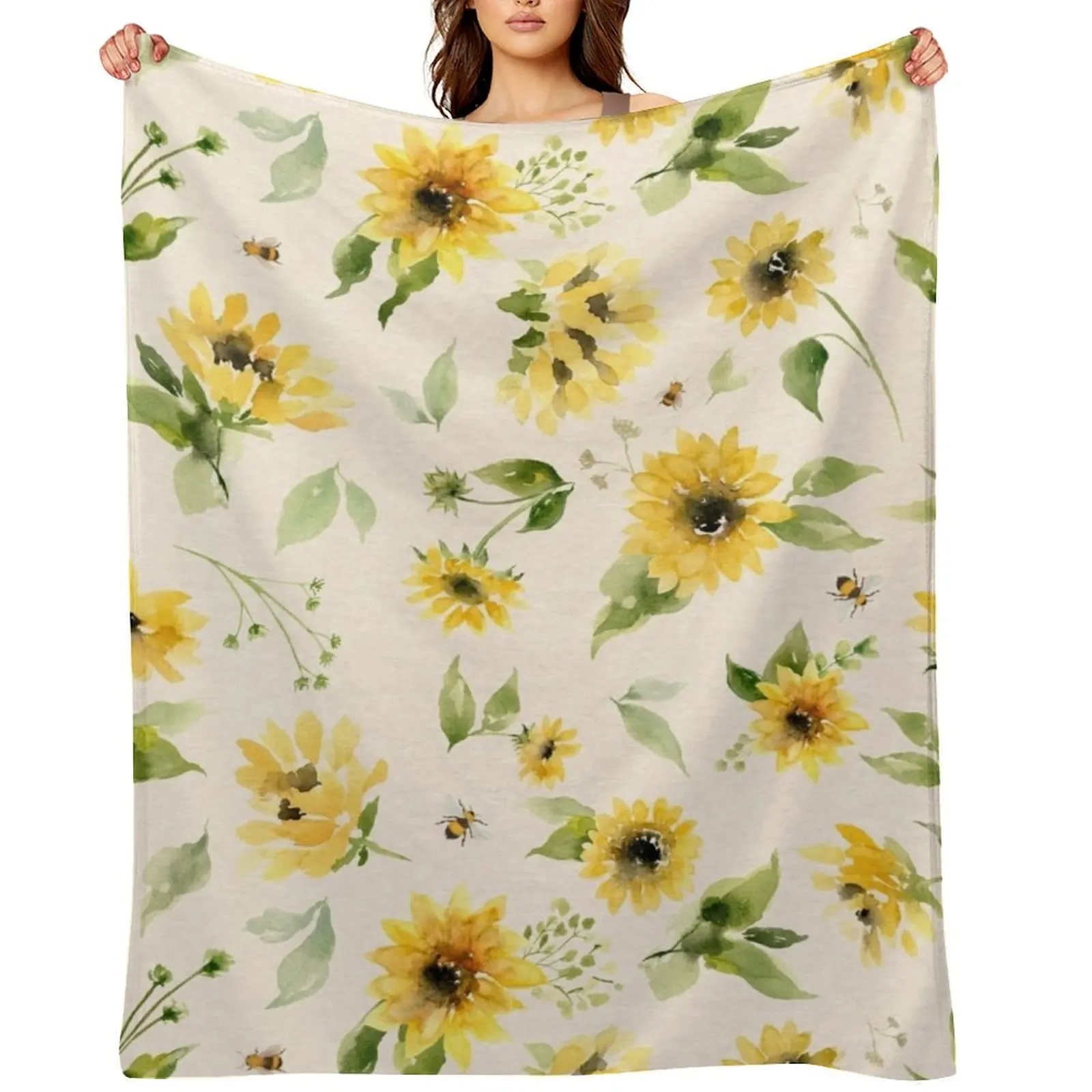 

Sunflowers and Bees Throw Blanket Comforter Flannel Fabric Loose Soft Plush Plaid Blankets