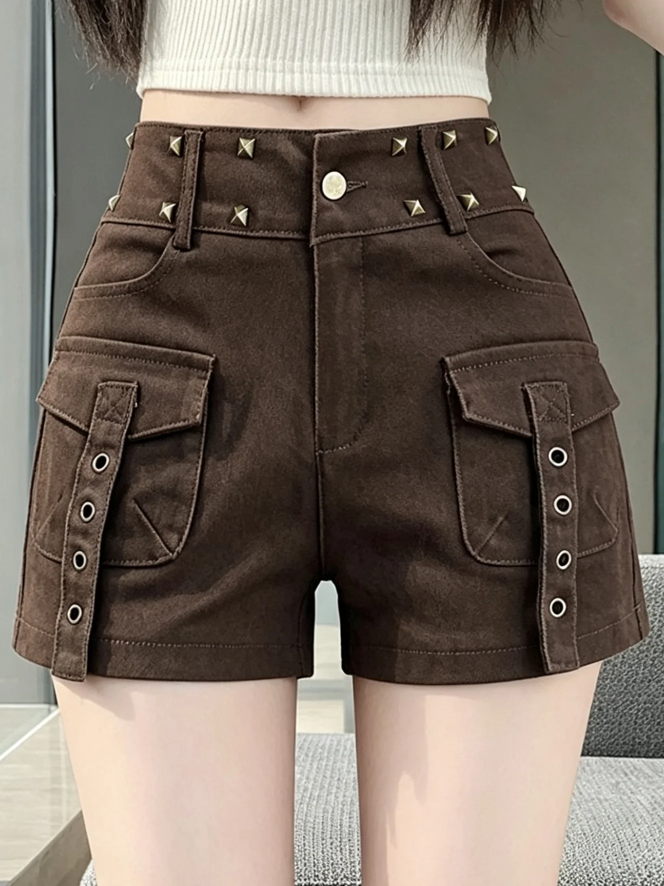 High Waist Cargo Shorts Women's Slim Fit Denim Shorts Multi Pocket Rivet Military Green Summer 2026 Fashion Ladies' Pants