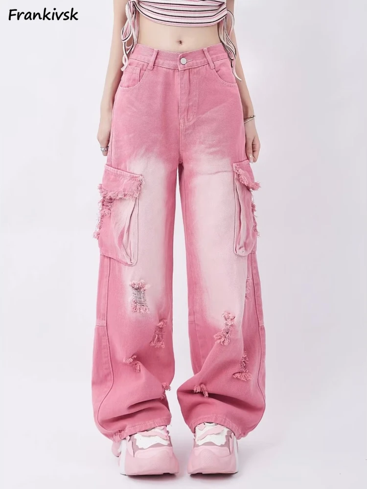 

Jeans Women Pink Frayed Hole Japanese Style Contrast Color Vintage Denim Trousers All-match High Street Summer Fashion Popular