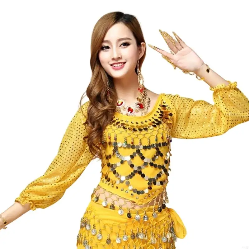 B95F Belly Dance เครื่องแต่งกายแขนยาวเหรียญ เสื้อ Top Carnival Dancer ชุด