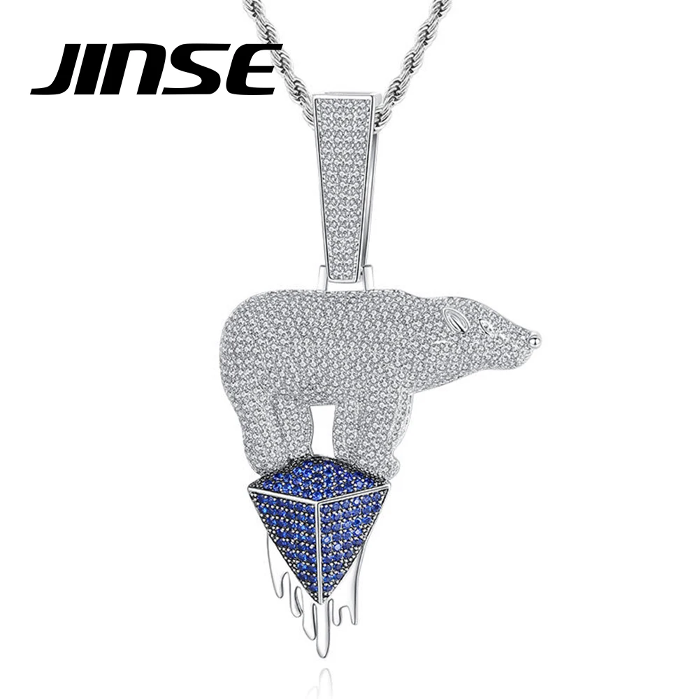 

JINSE Original Cubic Zirconia Fashion Rope Chains Charm Blue Polar Bear Shield Pendant Necklaces for Man Unusual Animal Jewelry