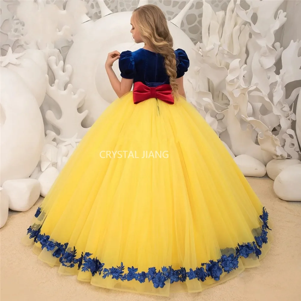 Elegante lungo al largo della spalla Tulle Flower Girl muslimah pyromundelochin pylounch pettorina pettorina a buon mercato con fiocco lunghezza del pavimento dell'abito da ballo per ragazze