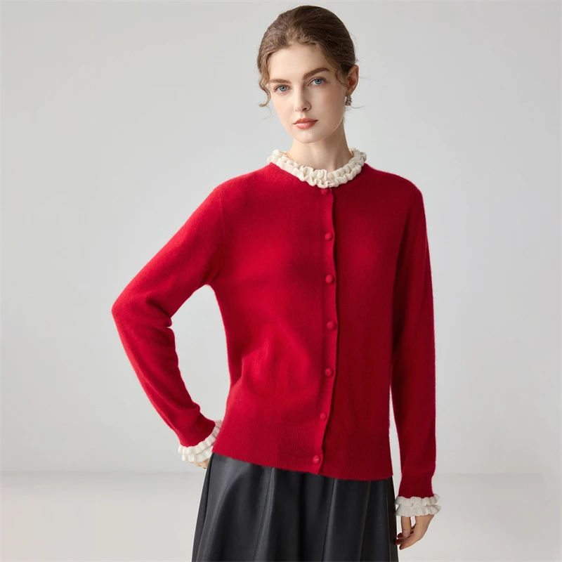 Black fungus lace 100% pure cashmere knitted women's cardigan round neck long sleeved French elegant versatile small fragrant st