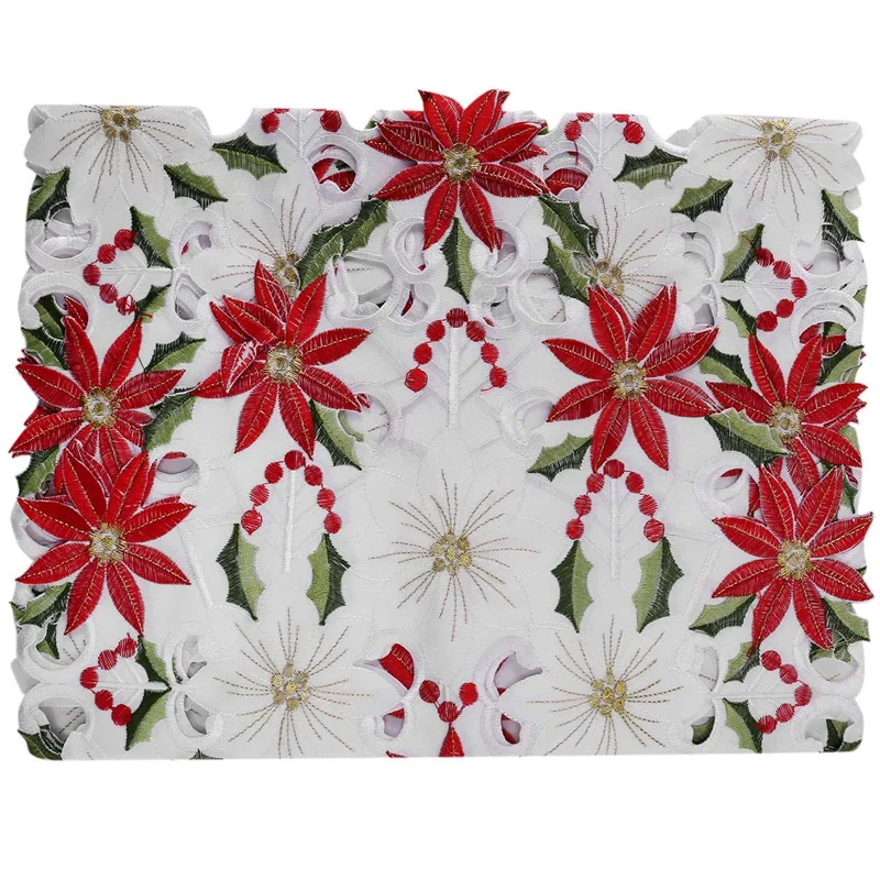 Promotion! Christmas Embroidered Table Runner, Luxury Holly Poinsettia Table Runner For Christmas Decorations, 15 X 70 Inch