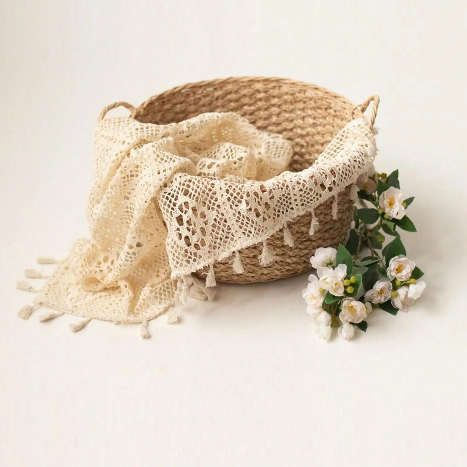 Newborn Photo Prop Boho Blanket Soft Beige Textured Mat Lace Floral Design for Baby Shoots