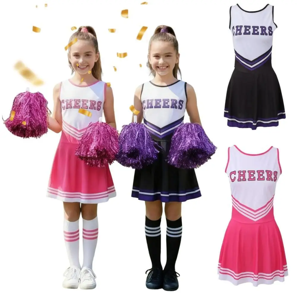 

Football Cheerleading Costume for Girl Pink Black One Piece Dress With Socks and Hand Flowers Cheer Dance Stage Performance