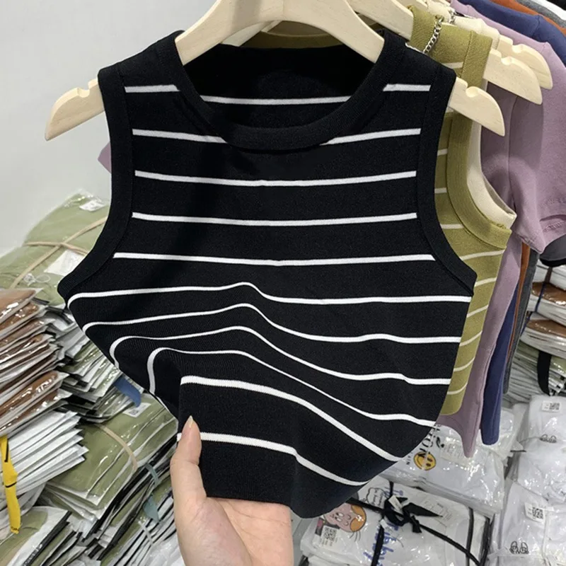 

New Basic Bottoming Striped Elasticity Vests Women Tank Spring Summer Wild Crop Short Tops Summer Y2K Tops 2024