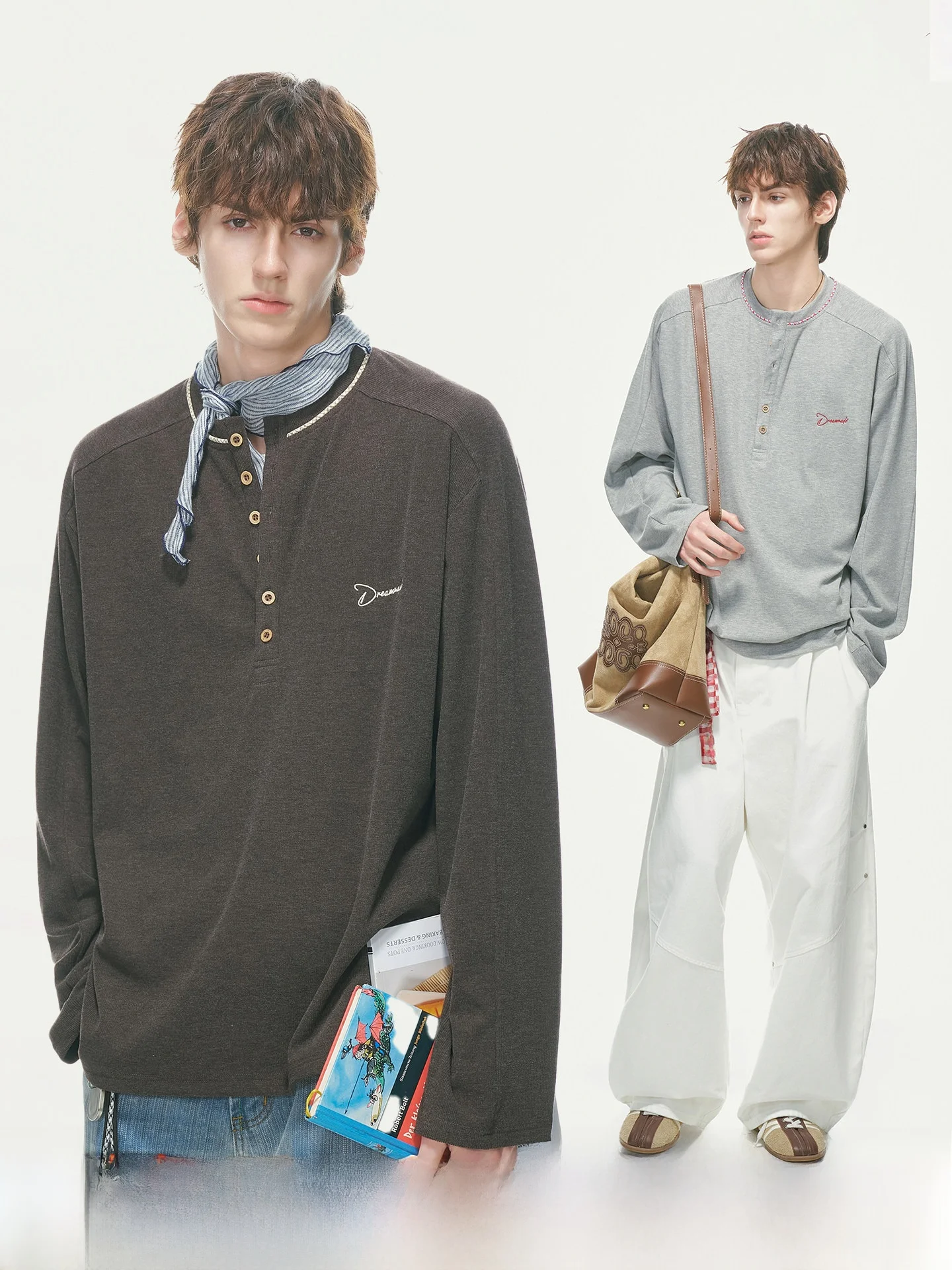 Dream Made Men's Long Sleeve Embroidered T-Shirt Henry Collar Commute Style Autumn Base Layer Inner Wear Top Casual Loose Fit