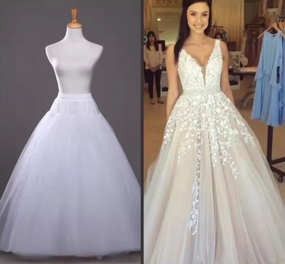 Aラインスタイルのウェディングドレス用ホワイトチュールペチコート4層フープなしブライダルウェディングアクセサリーロングペチコートアンダースカート