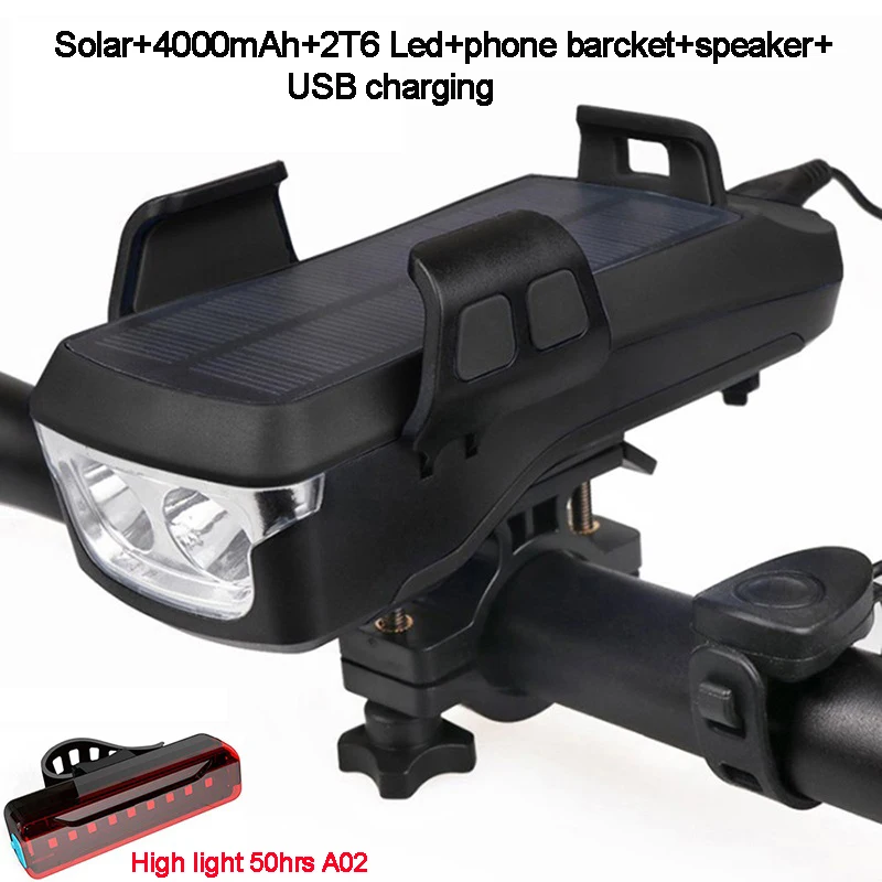 Solar Power Bicycl Light 4000mAh USB T6 Led Cycling Front Lamp Phone Bracket Bike Headlight With Horn Speaker Riding Accessories