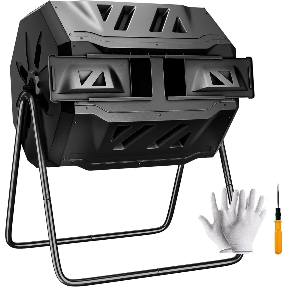 

Compost Tumbler Bin Dual Chamber Compost Bin - Includes Gardening Gloves，BPA Free, Heavy-Duty Steel Frame, Rotatin Tumbler