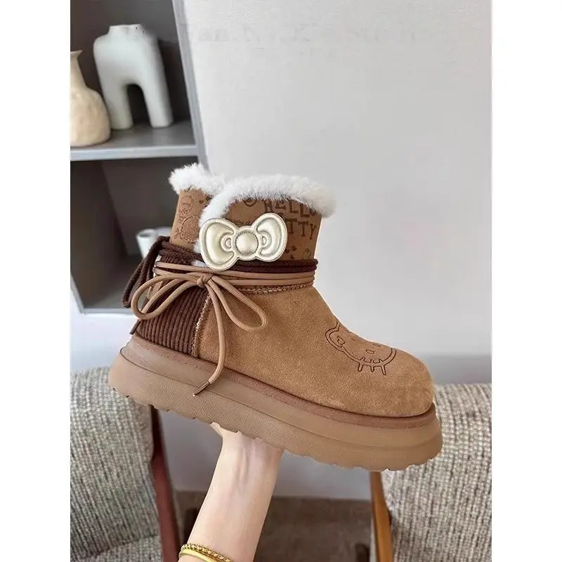 

Kawaii Sanrio Hellokitty Platform Snow Boot for Women Cute Bow Decor Embroidery Ankle Boots Thick Sole Non Slip Warm Winter Shoe