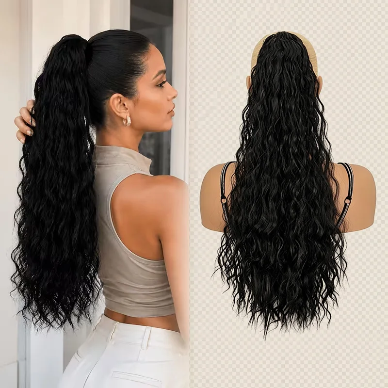 22Inch Synthetic Ponytail Hair Extension Long Wavy Curly Drawstring Clip High Temperature Fiber Hairpiece for Women Daily Party