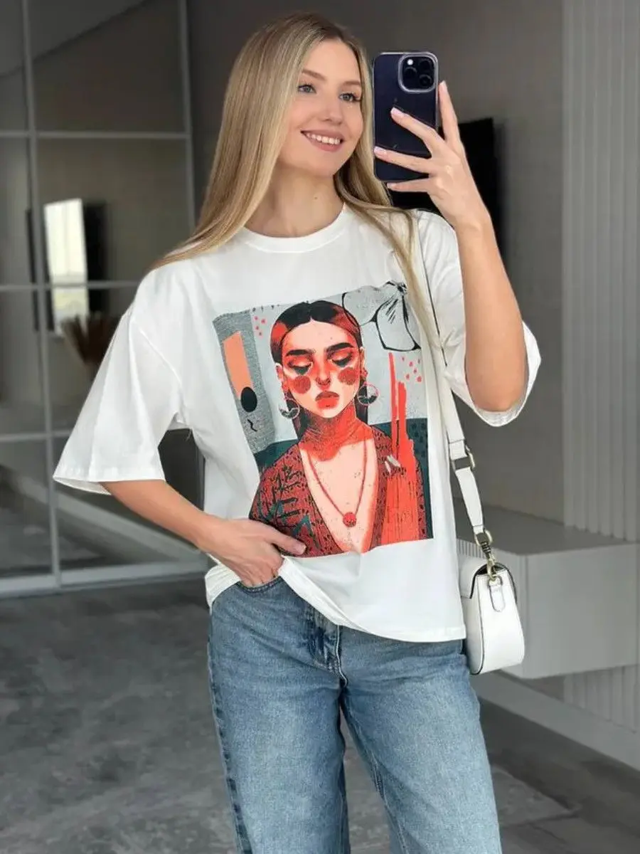 

Summer European And American Oil Painting Aesthetics 100% Pure Cotton Retro Fun Fashion Casual Loose Women's T-shirt
