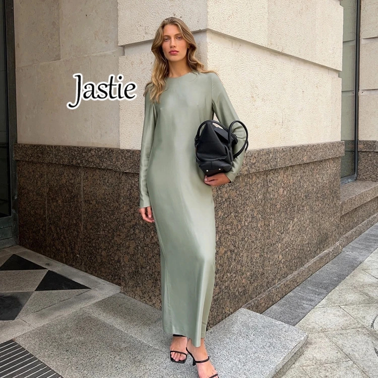 

2024 Spring And Autumn New Women's Bottoming Dresses Fashion Round Neck Long Sleeve Slit Satin Drape Hip Cover Long Dress