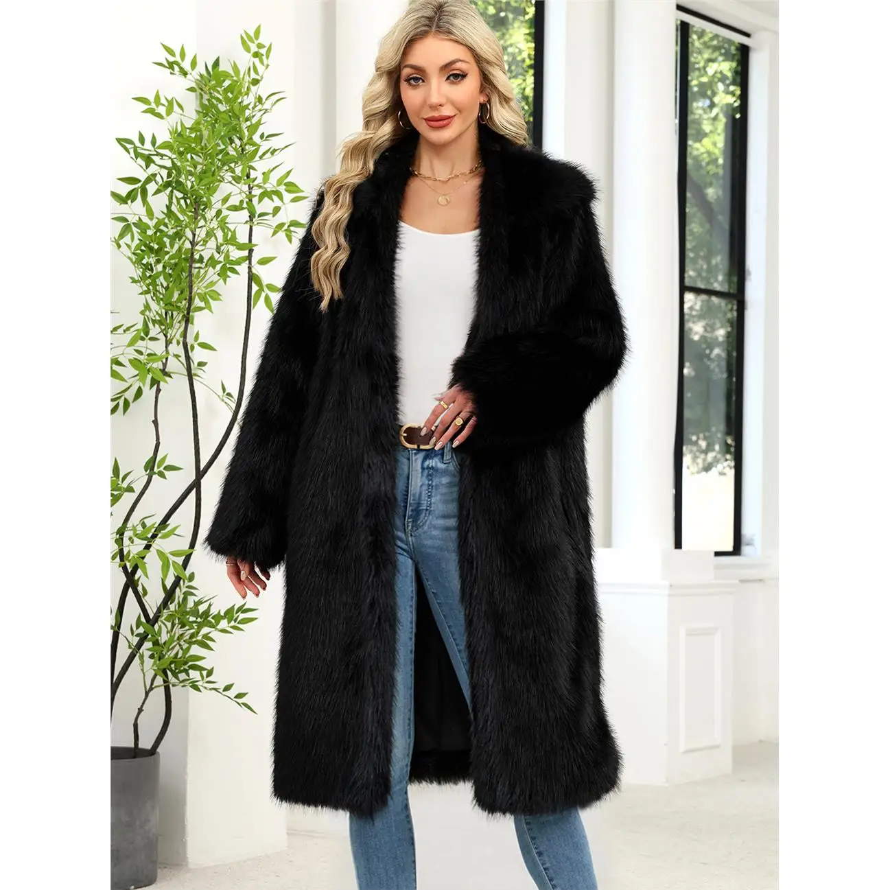 Warm Long Faux Fur Coat  Fur Jacket Asymmetrical Design Winter Outerwear for Women Commute Style Cotton Material