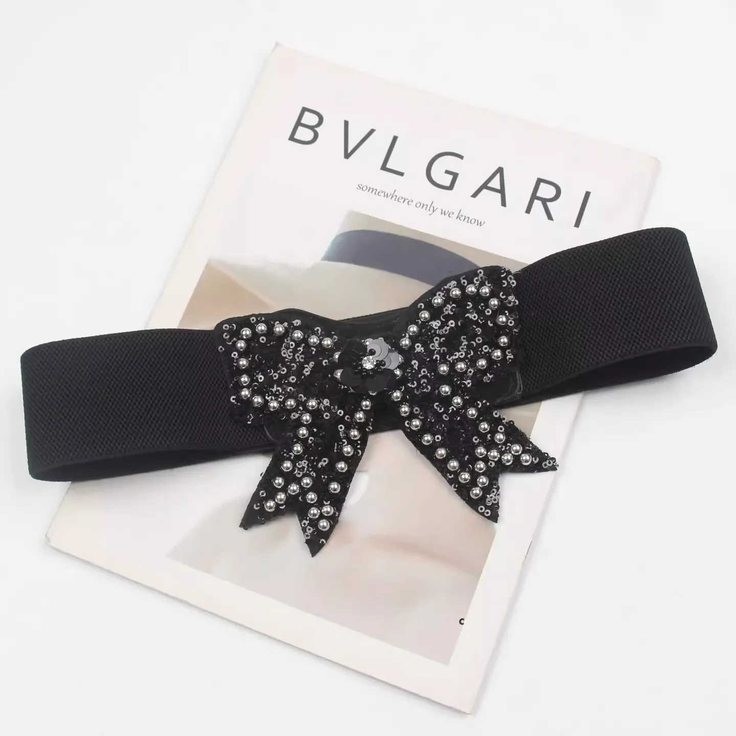 نوعية جيدة! المرأة مطرز القوس الأسود مطاطا مشد الإناث Cummerbund معطف حزام فستان Decration حزام عريض J1748