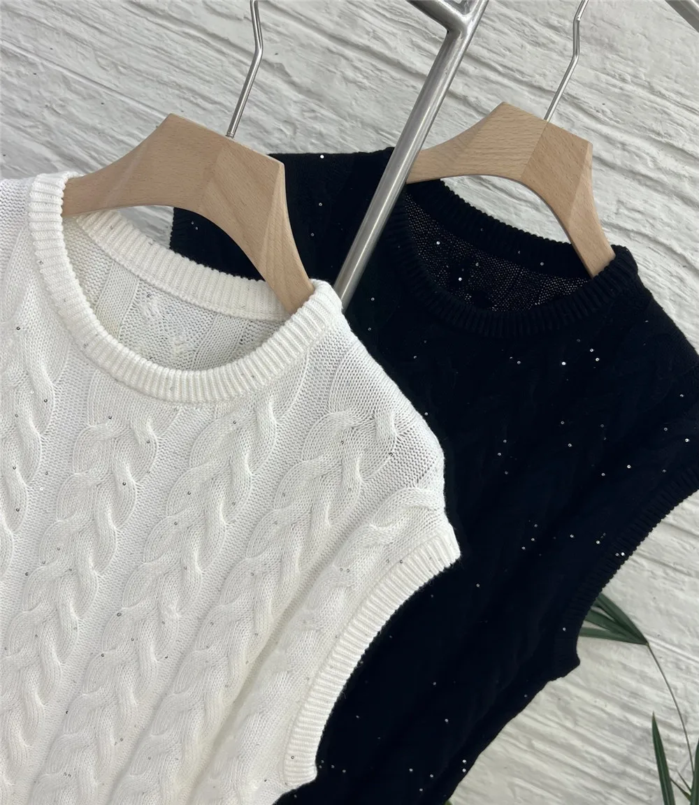 25 Autumn/Winter Women's New Cotton Sequin Twisted Flower Round Neck Sleeveless Knitted Vest