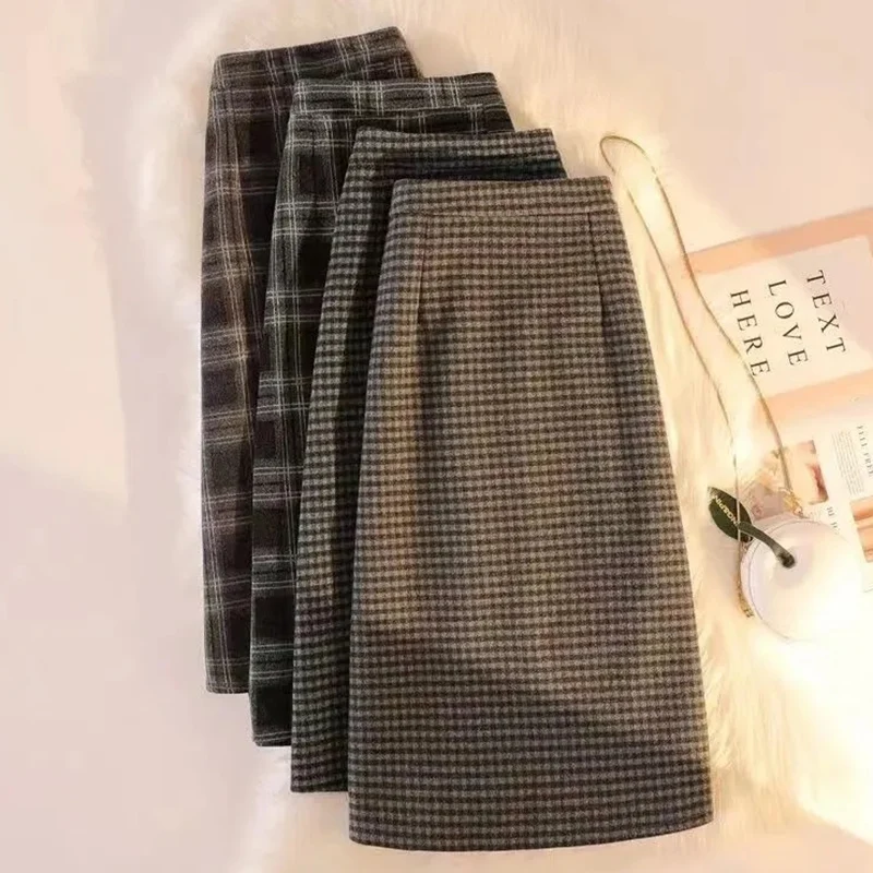 

Rimocy Autumn Winter Plaid A Line Skirts Women Preppy Style High Waist Midi Skirt Woman Korean Fashion Back Split Skirts Female