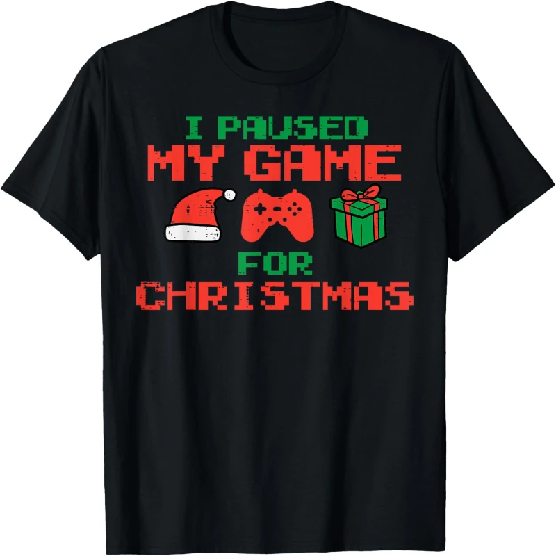 Paused My Game Christmas Gamer Trending Xmas Gaming Men Boys T-Shirt High Quality Cotton Crewneck Printed T-shirt Tops Adult