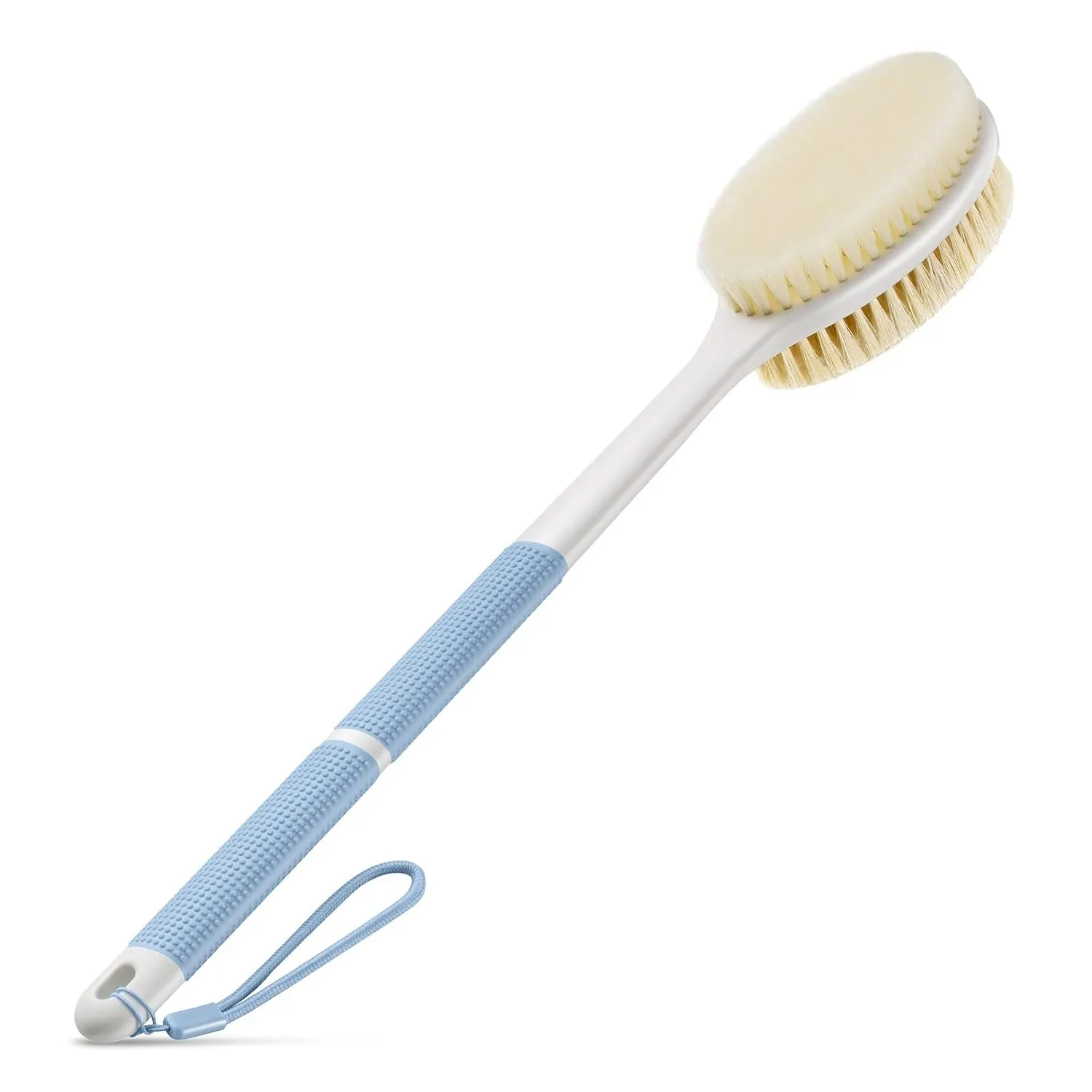 

The back washing device has a long handle with anti-slip design. It is a body scrubber for bathing.
