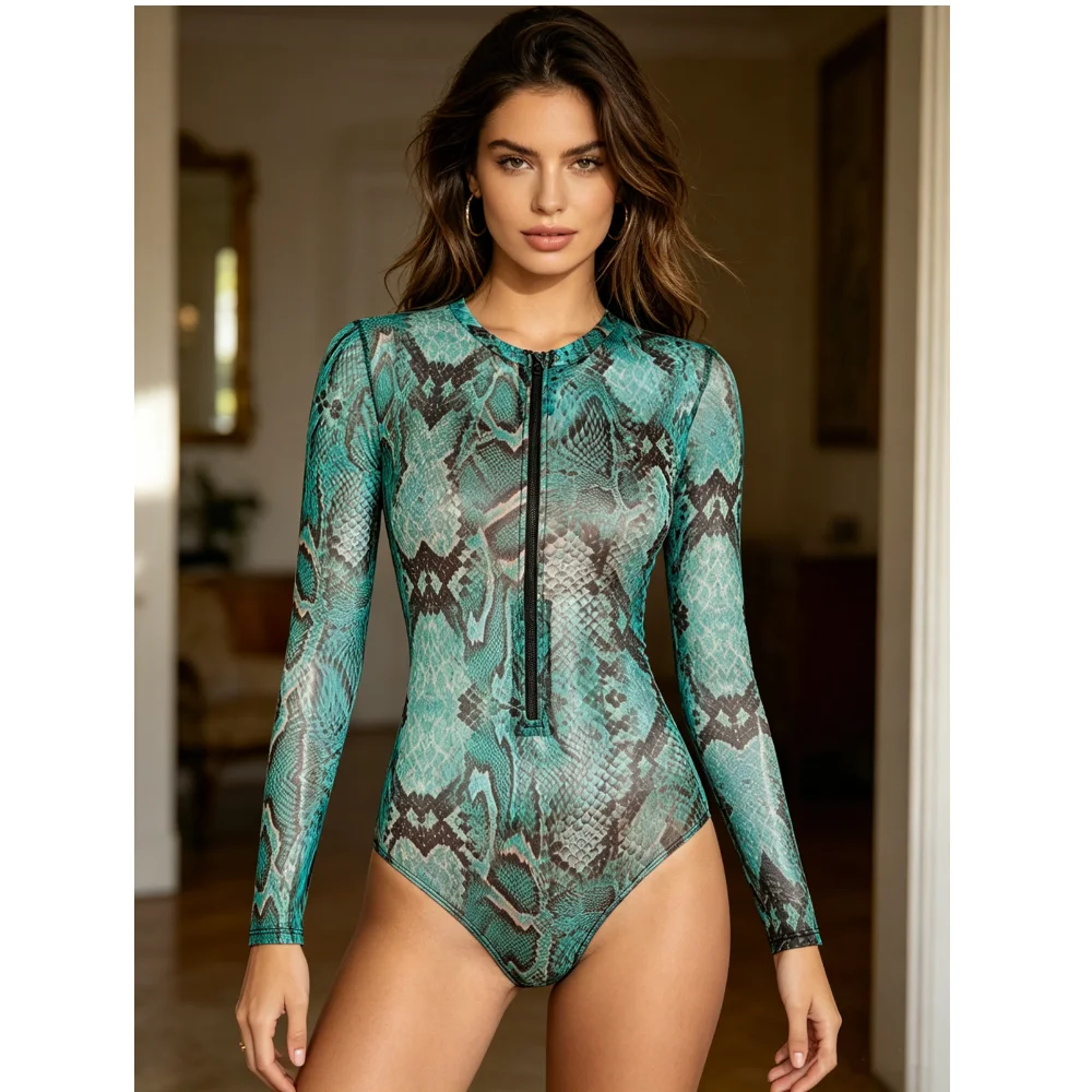 Women Summer Snake Skin Print One Piece Swimsuit Fashion Long Sleeve Front Zipper Surfing Bodysuit Beachwear