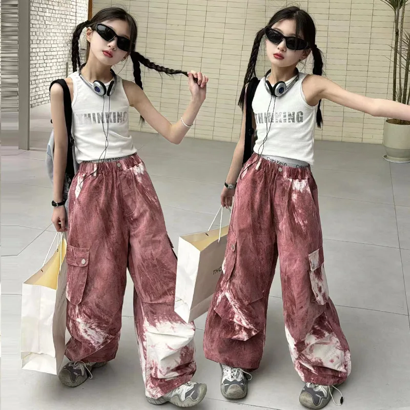 

Girls Tie Dye Suit 2024 New Spring And Summer Teenage Kids Letter Printed Vest + Cargo Pants 2Pcs Set Age 6 8 10 12 14 Years Old