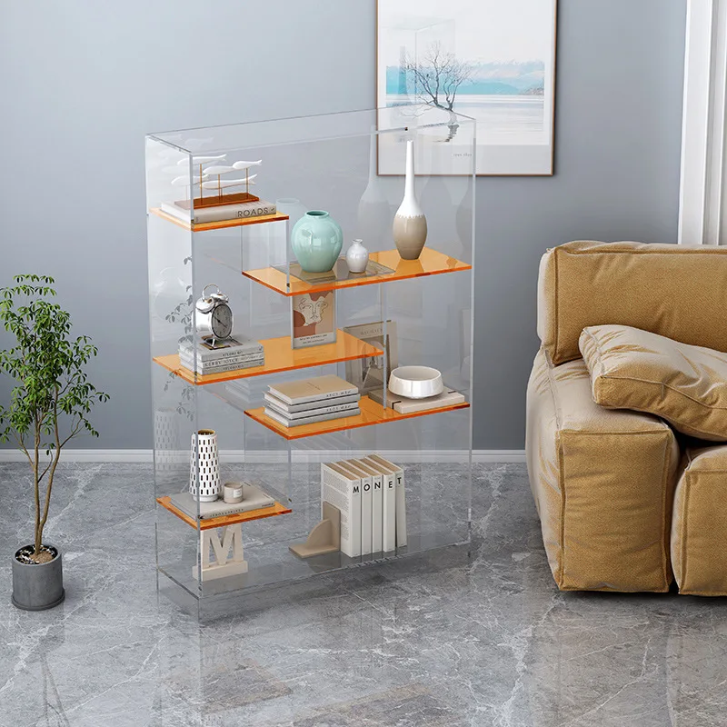 Light luxury acrylic bookshelf, floor shelf, irregular lattice display shelf in the bedroom