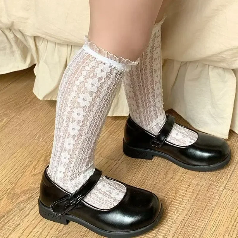 Baby Soft Lace Socks Sweet Lolita  Kids Girls Knee High Socks Crystal Ruffle Mesh Flower Pattern Stockings for 0‑6 Years Old