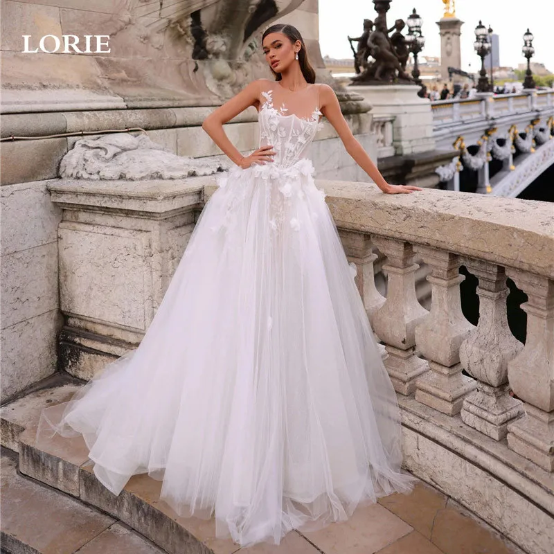 LORIE A Line Lace Wedding Dress vestidos de novia 3D flowers Sleeveless Appliques Bride Dresses Soft Tulle Wedding Gowns