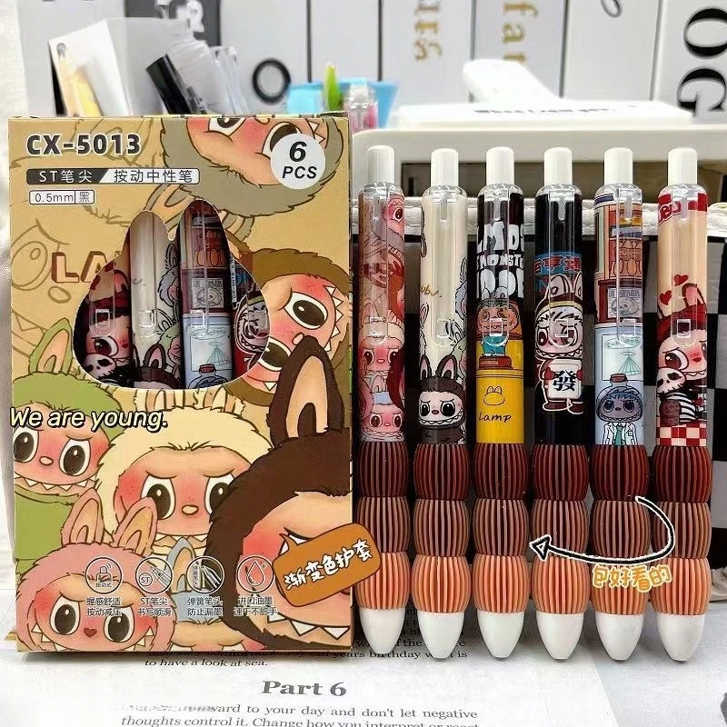 

6pcs/Set Cute Cartoon Doll Gel Pen Soft Grip Pressing Pen 0.5mm St Quick-Drying Gel Pen Student Writing Black Ink Pen