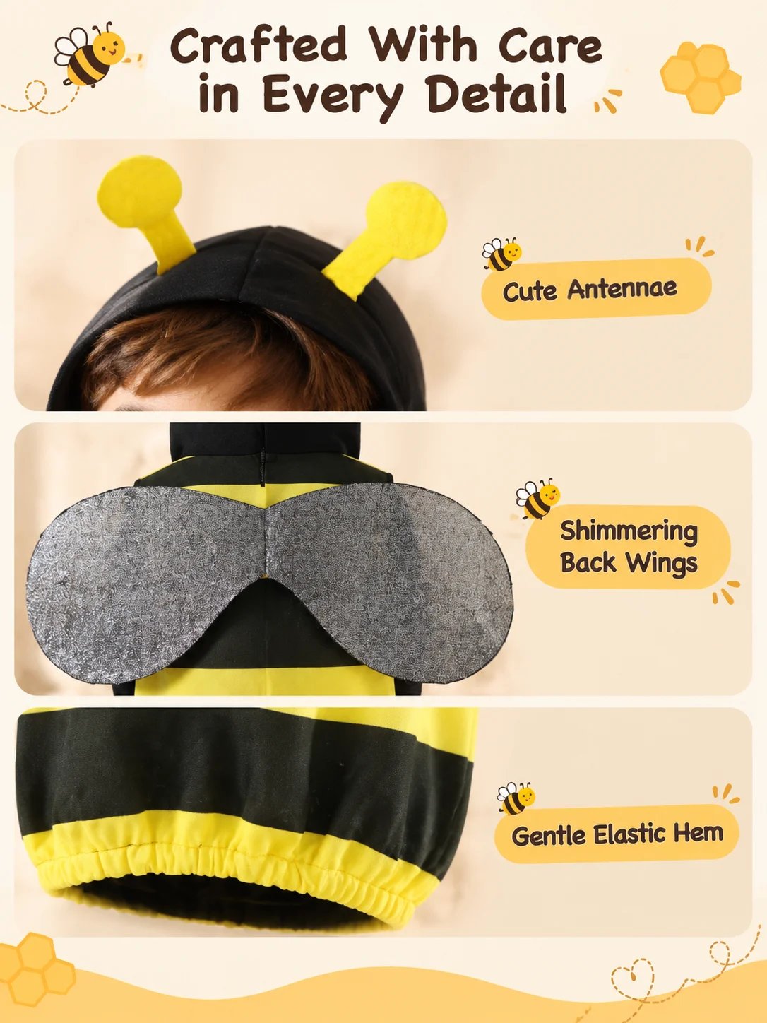 Kids Bee Outfit, Children Bee Sleeveless Hooded Vest with Wings, Party costumes, halloween costumes, cosplay carnival costumes - view 4