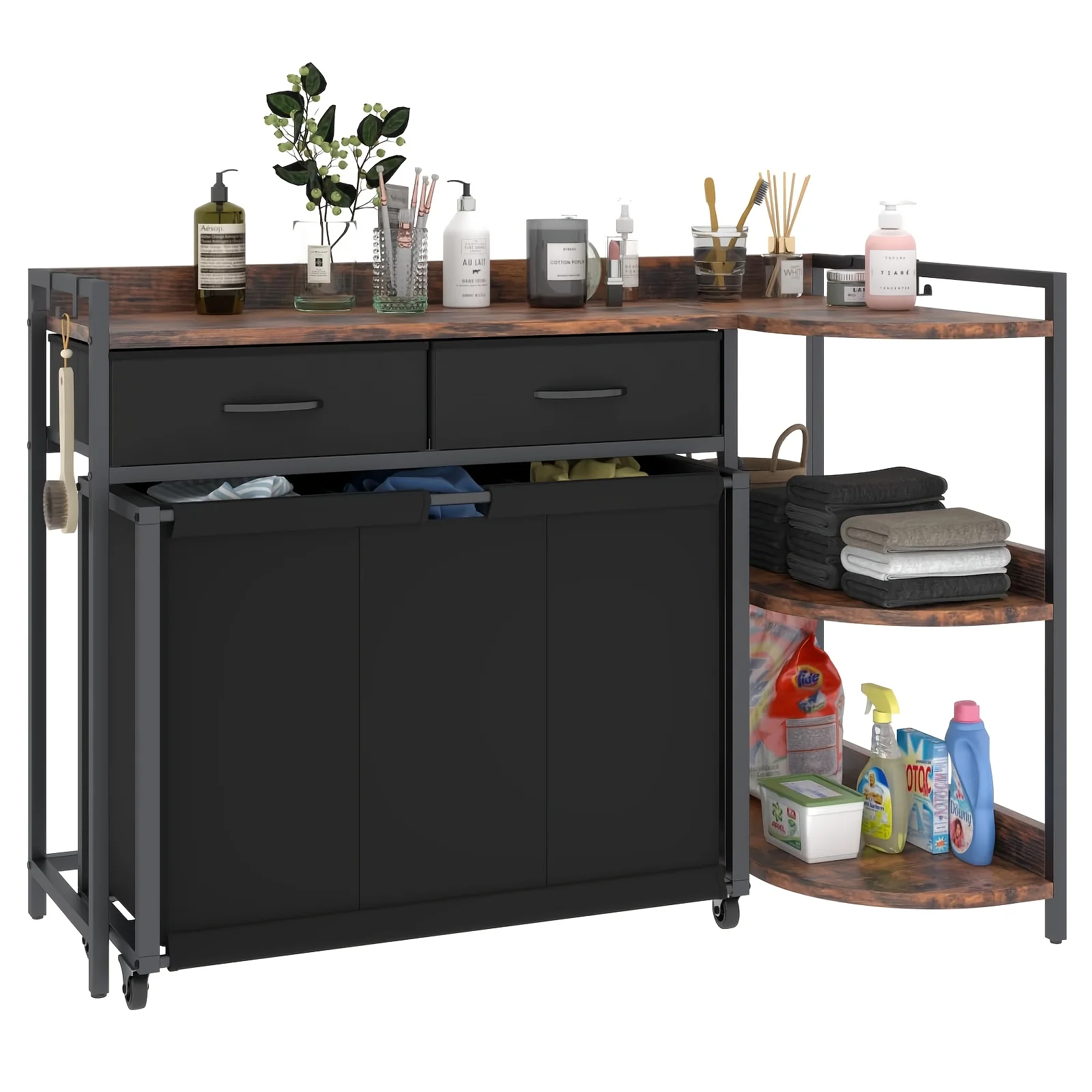 

3-in-1 L-Shaped Laundry Basket with Wheels - 3-Section Sorter Hamper, Storage Shelves & Drawers, Durable Modern Space-Saving