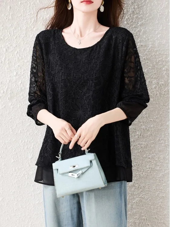 Elegant Black Long Sleeve T-Shirt Floral Embroidery High End Women's Fashion Early Autumn New Style Comfortable Breathable Po...